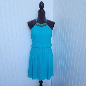 As U Wish Womens Summer Dress Halter Beaded Detail Aqua Blue Lined Rayon Sz M